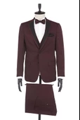 Bordo Armürlü Mono Yaka Astarlı Yelekli 6 Drop Slim Fit Smokin Damatlık 1001190164 thumbnail 1