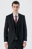 Siyah Armürlü Kırlangıç Yaka Yelekli Likralı 6 Drop Slim Fit Klasik Takım Elbise 1001240150 thumbnail 1