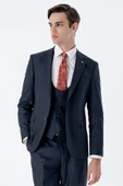 Lacivert Mono Yaka Astarlı Yelekli 6 Drop Slim Fit Dar Kesim Basic Takım Elbise 1001235186 - 3
