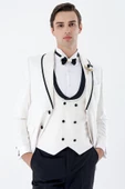 Beyaz Desenli Armürlü Kruvaze 6 Drop Slim Fit Smokin Damatlık Takım 1001230214 - 4