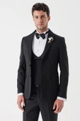 Siyah Desenli Armürlü Kruvaze 6 Drop Slim Fit Smokin Damatlık Takım 1001230214 - 1