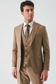 Tütün Gabardin Kırlangıç Yaka Yelekli Likralı 6 Drop Slim Fit Klasik Takım Elbise 1001240188 thumbnail 1