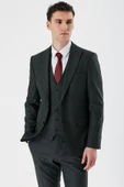 Koyu Antrasit Kırlangıç Yaka Yelekli Likralı 6 Drop Slim Fit Klasik Takım Elbise 1001240167 - 1