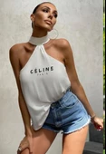 Beyaz Celine Yazılı Yaka Detaylı Sırt Dekolteli Bluz - 2