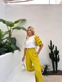 İthal Keten Airobin Kumaş Hardal Sarı Pantolon Beyaz Bluz Takım - 1