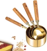 Valkyrie 4 Adet Büyük Boy Paslanmaz Çelik Ahşap Saplı Ölçü Kaşığı Seti Ölçü Kabı 60ml 80ml 125ml 250ml - 1