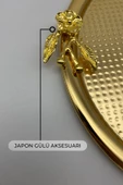 2'li Japon Güllü Yuvarlak Gold Çay ve Kahve Sunum Tepsisi, Dekoratif Servis Tepsisi 22cm - 5