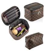 Seyahat Makyaj Organizeri Çok Fonksiyonlu Kozmetik Çantası Suni Deri - 2'li Set Kahverengi Damalı - 1