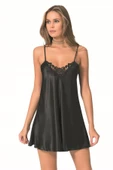 Shopidik  Siyah Kısa Saten Gecelik - 1