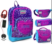 Coral High Mor Mavi Kalp USB Soketli Okul Çanta Seti ve Bel Çantası - Kız Çocuk thumbnail 1