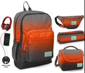Coral High Siyah Turuncu Gradyan USB Soketli Okul Çanta Seti ve Bel Çantası - Erkek Çocuk thumbnail 1