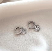 Küpe Kararmaz Çelik 316L Lüks Küpe Yonca Renk Gri Taşlı Küpe - 4