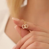 925 Ayar Gümüş Çift Kalp Zirkon Taşlı Kolye thumbnail 1