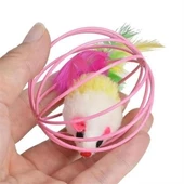 Oyun Topu 6cm Renkli Metal Kafesli Peluş Fareli Kedi Köpek Oyuncağı - 7