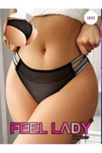 KEMSON Özel Tasarım Siyah Fileli Sim İşlemeli Üç Şerit sexy Tanga Külot - 2