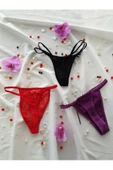 KEMSON 3 Adet Eflatun,Kırmızı ve siyah Sexy Tanga 0121 - 3
