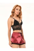 KEMSON Saten Şortlu Bordo Kadın Şortlu Bralet Takım Şık İç Gıdıklayıcı Gecelik 0018 - 1