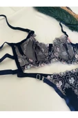 KEMSON Balenli LacivertÇiçek desenli Sırt kısmı kuşaklı Bralet Takım (Sütyen&Tanga) 0021 - 2