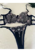KEMSON Balenli LacivertÇiçek desenli Sırt kısmı kuşaklı Bralet Takım (Sütyen&Tanga) 0021 - 1