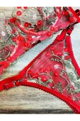 KEMSON Balenli Kırmızı Tüllü,Dantelli,Çiçek Desenli Bralet Takım (Sütyen&Tanga) 0025 - 3