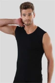 Erkek Siyah Tişört V Yaka Sıfır Kol Kolsuz Atlet Body %100 Pamuk - 3