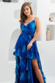 Eva Fashion Saks Empirme Bacak Dekolteli Uzun Abiye Elbise - 4
