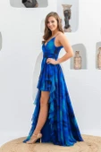 Eva Fashion Saks Empirme Bacak Dekolteli Uzun Abiye Elbise - 5
