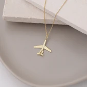 14 Ayar Mikron Altın Kaplama Uçak Tasarım Gümüş Kolye - CN00303 thumbnail 3