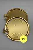 2'li Kelebekli Yuvarlak Gold Çay ve Kahve Sunum Tepsisi, Dekoratif Servis Tepsisi 22cm Tek Kişilik - 1