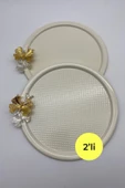 2'li Kelebekli Yuvarlak Krem Çay ve Kahve Sunum Tepsisi, Dekoratif Servis Tepsisi 22cm Tek kişilik - 1