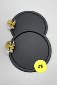 2'li Kelebekli Yuvarlak Siyah Çay ve Kahve Sunum Tepsisi, Dekoratif Servis Tepsisi 22cm Tek kişilik - 1