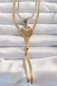 316L Çelik Gold Renk Zirkon Taşlı Göz Detay Nazarlı Uzun Asansör Model Kolye - TJ-BKO8962 thumbnail 1