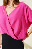 Kruvaze Yaka Salaş Bluz Fuşya thumbnail 4
