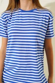 Çizgili Viskon Salaş T-shirt Saks - 4