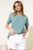 Çizgili Viskon Salaş T-shirt Zümrüt thumbnail 1