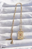 316L Çelik Zincir Gold Renk Pembe Zirkon Taşlı Tarot Kolye - TJ-BKO8982 - 2