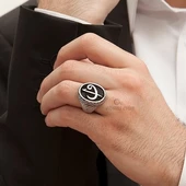 Oval Elif Vav Harfli 925 Gümüş Erkek Yüzük - 1