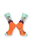 Me-vo 2'li Turuncu Renkli Unisex Esnek Nem Alabilen Pamuklu Çiçek Desenli Soket Çoraplar thumbnail 6