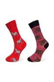 Me-vo 2'li Kırmızı - Bordo Renkli Unisex Esnek Nem Alabilen Pamuklu Hayvan Desenli Soket Çoraplar thumbnail 1