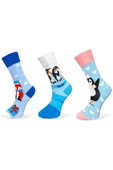 Me-vo 3'lü Kış Temalı Hayvan Desenli Unisex Esnek Nem Alabilen Pamuklu Mavi Renkli Soket Çoraplar thumbnail 1