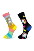 Me-vo 2'li Unicorn Desenli Unisex Esnek Nem Alabilen Pamuklu Çok Renkli Soket Çoraplar - 1