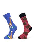 Me-vo 2'li Bordo - Mavi Renkli Unisex Esnek Nem Alabilen Pamuklu Hayvan Desenli Soket Çoraplar thumbnail 1