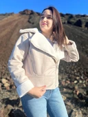 İçi Suni Kürklü Suni Süet Crop Biker Ceket - 12