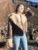 İçi Suni Kürklü Suni Süet Crop Biker Ceket - 7