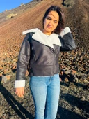 İçi Suni Kürklü Suni Süet Crop Biker Ceket - 9