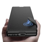 Galaxy Z Fold 6 Kılıf Suni Deri Tasarımlı Magnetik Tokalı ve Kartlıklı Kıpta Zegna Kılıf - 4