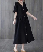 Keten Günlük Rahat V Yaka Beli Büzgü Detaylı Düğmeli Elbise - 2