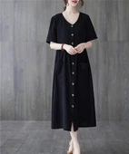 Keten Günlük Rahat V Yaka Beli Büzgü Detaylı Düğmeli Elbise - 1