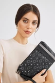 Kadın Basic Clutch Çanta Monogram Desenli Şeritli Siyah Gri (4006SG) 214012 - 3