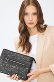 Kadın Basic Clutch Çanta Monogram Desen Siyah Gri (4034SG) 214031 - 3